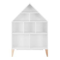 a white bookcase with shelves and wooden legs