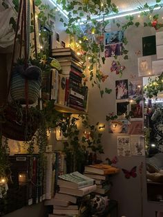 a room filled with lots of books and plants hanging from the ceiling next to each other