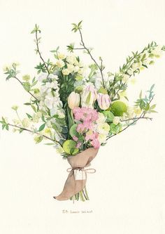 a watercolor painting of a bouquet of flowers