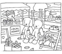 a black and white drawing of two teddy bears in a store with honey jars on the shelves