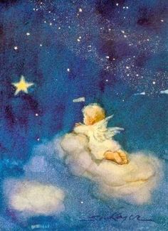 an angel sitting on top of a cloud with stars in the night sky above it