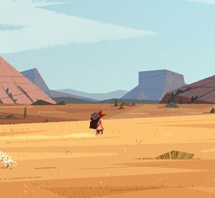 a person walking across a desert with mountains in the background and a dog on the ground