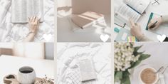 a collage of photos with coffee, books and flowers