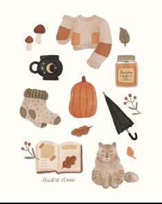 a painting of autumn items including an umbrella, boots and a cat