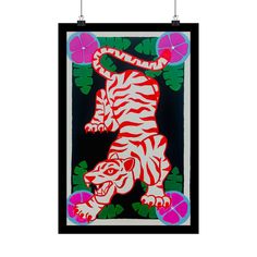 a neon tiger poster hanging on a wall