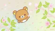 a brown teddy bear sitting on top of a tree filled with leaves and pink flowers