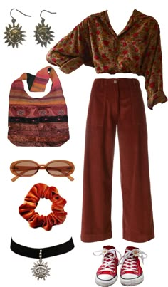 70s Boho Rock Fashion, Classy Hippie Outfits, Ghiblicore Fashion, Retro Outfits 70s Hippie, Whimsigoth Pants Outfit, Colorful Vintage Outfits, Hippie Core Aesthetic, Earthy Clothing Style, Artsy Wardrobe