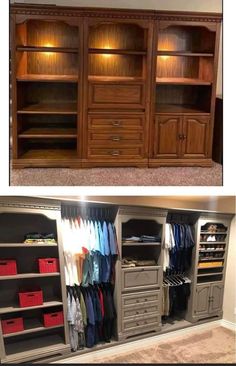 two pictures side by side with the same closet in different colors and sizes, one is empty