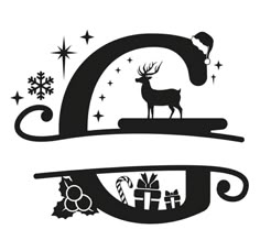 a black and white silhouette of a deer with christmas decorations