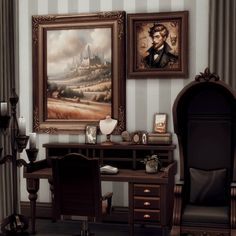 a painting hangs on the wall next to a desk and chair in a room with striped walls