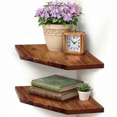 two wooden shelves with books and a clock on them, one shelf has a potted plant next to it