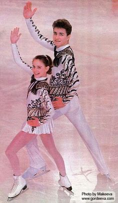 an advertisement for the ice skating competition featuring two people in white and black outfits, one holding