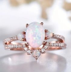 2 Pcs Stackable Rose Golden Oval Opal Rings With Colorful Lights, Shiny Simulated Diamonds, And Exquisite Detail Perfect For Any Occasion And Daily Wear. Pink Opal Wedding Ring, Vintage Opal Rings, Opal Wedding Ring Set, Opal Engagement Rings, Opal Wedding Ring, Opal Ring Vintage, Opal Wedding, Colorful Lights, Opal Wedding Rings