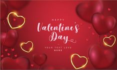 valentine's day background with red hearts and gold foil lettering on a red background