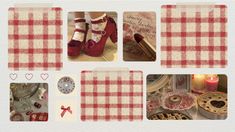 a collage of photos with red and white checkered cloths on them, including high heeled shoes