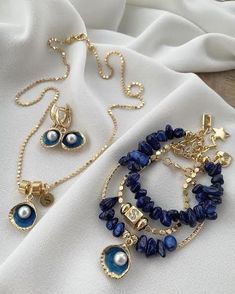 Our specially designed letter necklace, bracelet and earring set, made of gold-plated magnificent oyster pearls and using lapis natural stone, is one of our most striking and popular models Oyster Pearl, Bracelet Earring Set, 24kt Gold, Enamel Charms, Lovely Jewellery, Letter Necklace, Beach Jewelry, White Enamel, Black Enamel