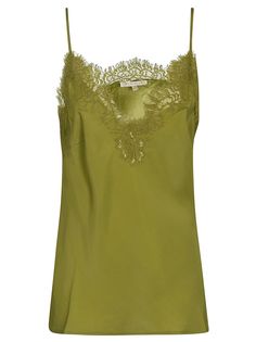 Luxurious silk satin Gold Hawk tank top showcases a delicate lace panel along the V-neckline. Spaghetti straps enhance the comfortable fit, while the straight hem provides a refined touch. Ideal for evening outings or upscale events.

- Composition: 100% Silk  
- Lace paneling at V-neck Top In Pizzo, Satin Camisole, Silk Tank Top, Green Tank, Silk Tank, Apple Green, Lace Panelled, Green Silk, Knitwear Cardigan