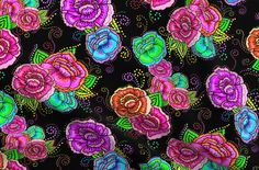 a black background with colorful flowers on it