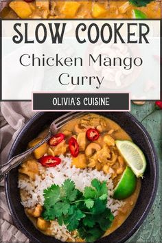 slow cooker chicken mango curry in a bowl with rice and cilantro on the side