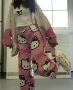 Pink Pyjamas Outfit, Soft Pyjama Aesthetic, Hello Kitty Trainers, Kawaii Pajamas Aesthetic, Hello Kitty Fleece Pajama Pants, Hello Kitty Aesthetic Fashion, Black Hello Kitty Outfit, Pink K Fashion, Goth Pjs Pajama