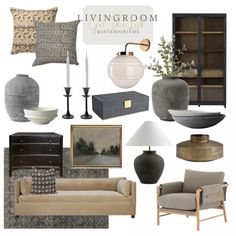 the living room is decorated in neutral tones