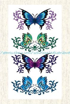 three butterflies with different colors and designs on the wings, one is purple, one is green