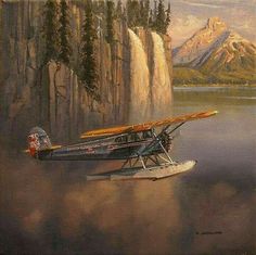 a painting of an airplane flying over a body of water with mountains in the background