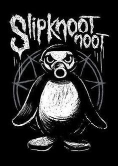 a black and white drawing of a penguin with the words slipknott on it