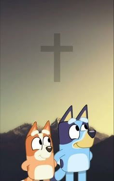 two cartoon cats standing next to each other in front of a cross on a hill