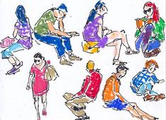 a drawing of people sitting and standing around each other