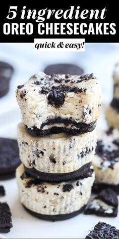 oreo cheesecakes stacked on top of each other with cookies and oreos in the background