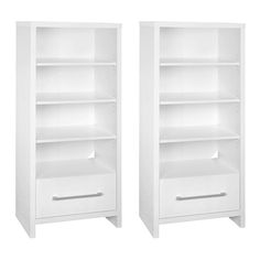 two white bookcases side by side with one open and the other closed on both sides