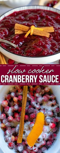 cranberry sauce in a white bowl with cinnamon sticks and orange wedges on top