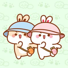 two cartoon rabbits holding carrots in their hands and wearing hats on top of each other