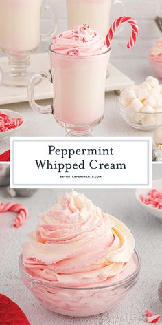 peppermint whipped cream in a glass bowl with candy canes on the side