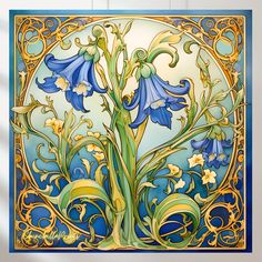 a stained glass panel with blue flowers on it