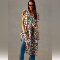 This Anthropologie Kaftan Coverup Is Perfect For Any Occasion, Whether It's A Casual Day Out Or A Fun Party. The Vibrant Blue Floral Pattern Adds A Pop Of Color To Any Outfit. The Kimono-Style Short Sleeves And V-Neckline Make It Comfortable And Stylish For Any Body Type. Made Of 100% Cotton, This Long Dress Features A Cinched Waist To Flatter Your Figure. Blue Floral Pattern, Kimono Style, Window Shopping, Anthropologie Dress, Vibrant Blue, Kimono Fashion, Cinched Waist, Anthropologie Dresses, Blue Floral