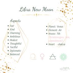 the libra new moon symbols and their corresponding names on a white background with gold confetti