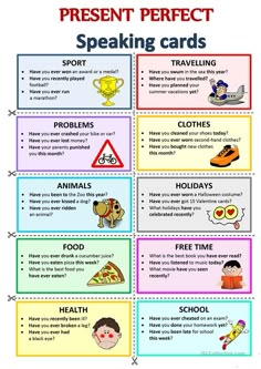 the present perfect speaking cards for children to use in their speech and language skills, including