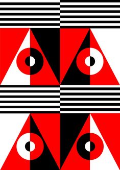 two red and black abstract shapes with white lines on the bottom one has an eye in it's center