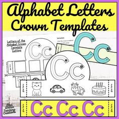 the alphabet letters crown templates are shown in purple, yellow and green colors with an image