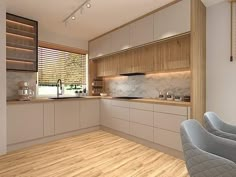 a modern kitchen with white cabinets and wood flooring is seen in this rendering image