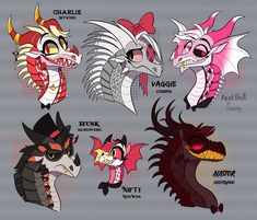 four different types of dragon heads, each with different colors and designs on their faces