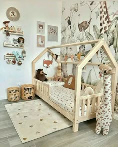 a child's room with stuffed animals on the wall and toys in the bed