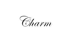 the word charm written in cursive writing on a white background with black ink