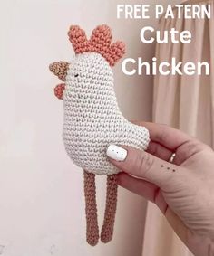 a hand holding a crocheted chicken with the words free pattern cutie chicken