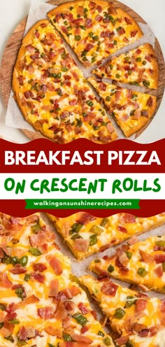 An easy breakfast idea using crescent rolls! It's ready in just 20 minutes. Topped with eggs, bacon, peppers, and 2 types of cheese, this breakfast pizza is delicious! It's great as a weekend brunch recipe, too! Breakfast Pizza Croissant Crust, Eggs And Crescent Rolls, Brunch Pizza Recipes, Crescent Breakfast Pizza, Crescent Roll Breakfast Pizza Recipes, Breakfast Ring With Crescent Rolls, Make Ahead Crescent Roll Breakfast, Breakfast Pizza With Crescent Rolls, Recipes Using Crescent Rolls Breakfast