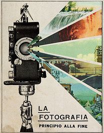 an old camera on a tripod in front of a poster for the film la fotografia primicola alla fine