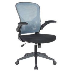 an office chair that is black and has a blue mesh back, with the seat up