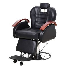 a black and red barber chair with wheels